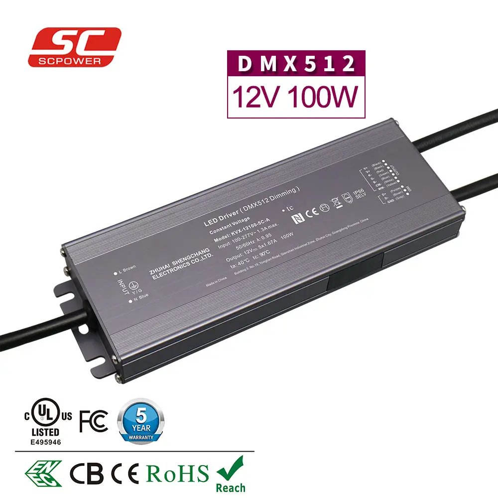 DMX512 RDM एनएफसी 100W 12V 5ch RGBCW ODM OEM 100V 277V एसी एलईडी ड्राइवर