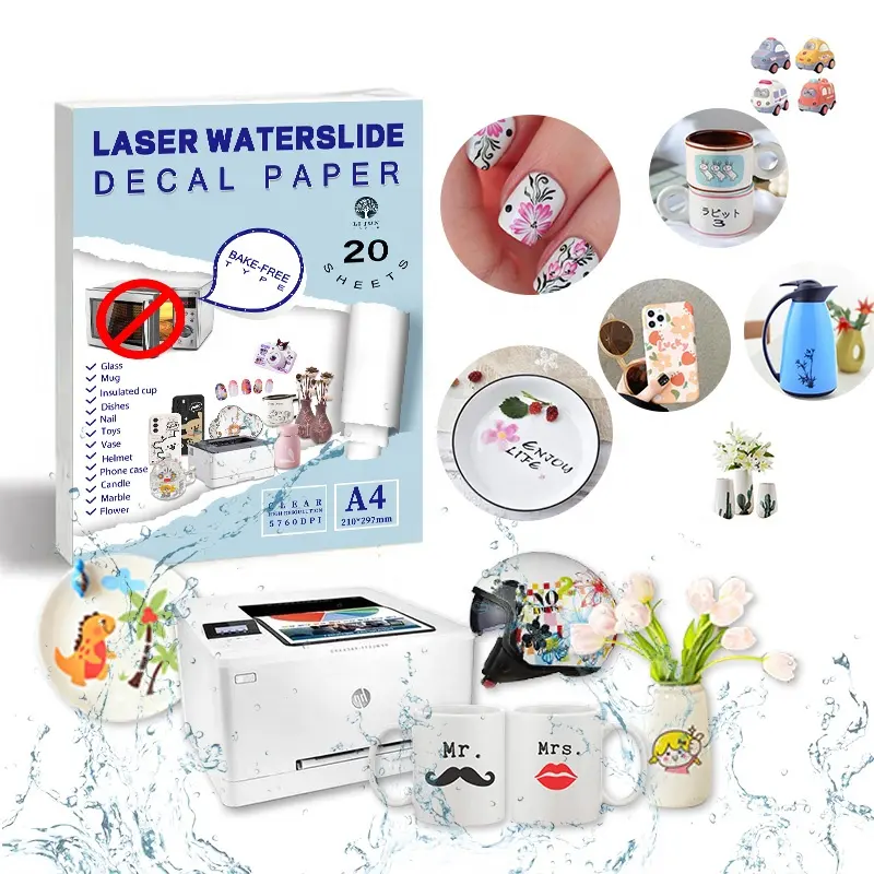2024 nouveau Laser imprimable cuisson gratuit blanc et clair toboggan papier décalcomanie pour bois ongles autocollant autocollant Logo papier de transfert d'eau