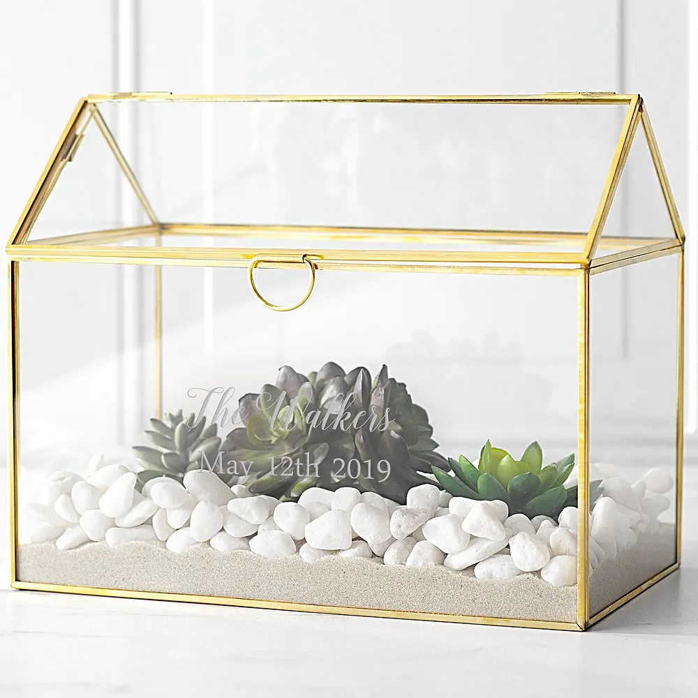 Aangepaste Planter Groene Planten Trouwdoos Glas Gepersonaliseerd Gouden Frame Terrarium Cadeaukaart Houder Met Bruidegom En Bruid Naam