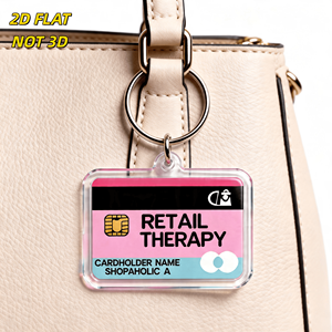 Porte-clés en acrylique style carte de crédit Retail Therapy, design rose et bleu avec puce, logo et texte 'Shopaholic', breloque transparente durable - Product Image 3