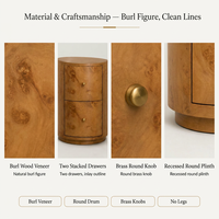 Table de chevet cylindrique en placage de bois de burl avec deux tiroirs, boutons en laiton foncé incrustés, style contemporain