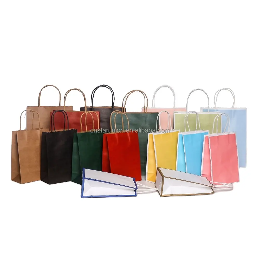 Prêt à Expédier Sac à Main en Papier Shopping Sac d'Emballage Plus Cadre Latéral Coloré Fond Blanc Vente en Gros Sac en Papier Kraft Personnalisé