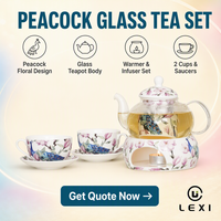 Service à thé en verre avec motif floral paon, chauffe-thé, infuseur, 2 tasses et soucoupes en porcelaine, chauffe-bougie, logo personnalisé, vente en gros