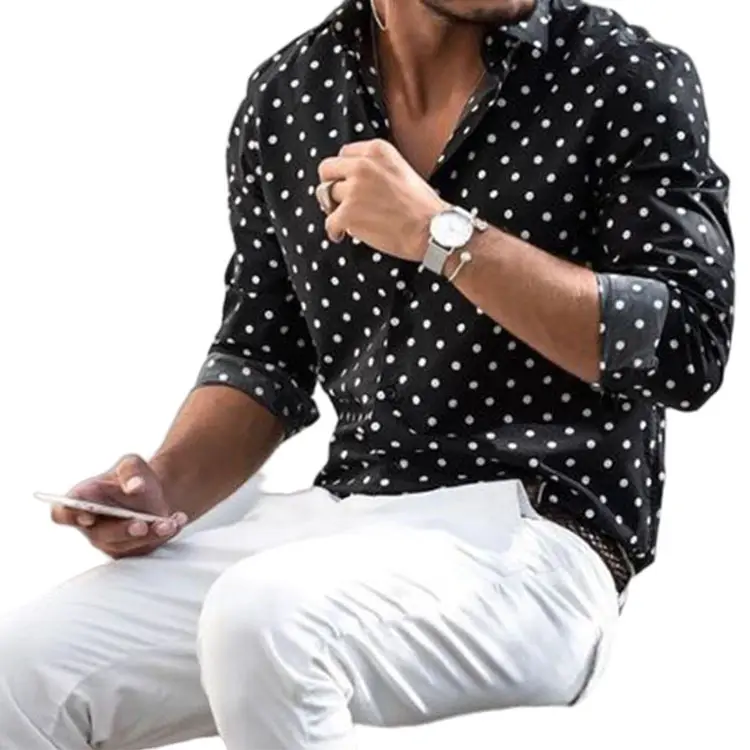 Men's Shirt 2023 New Long Sleeve Shirt Top Polka Dot Print with Button Shirt Cardigan Wholesale Custom