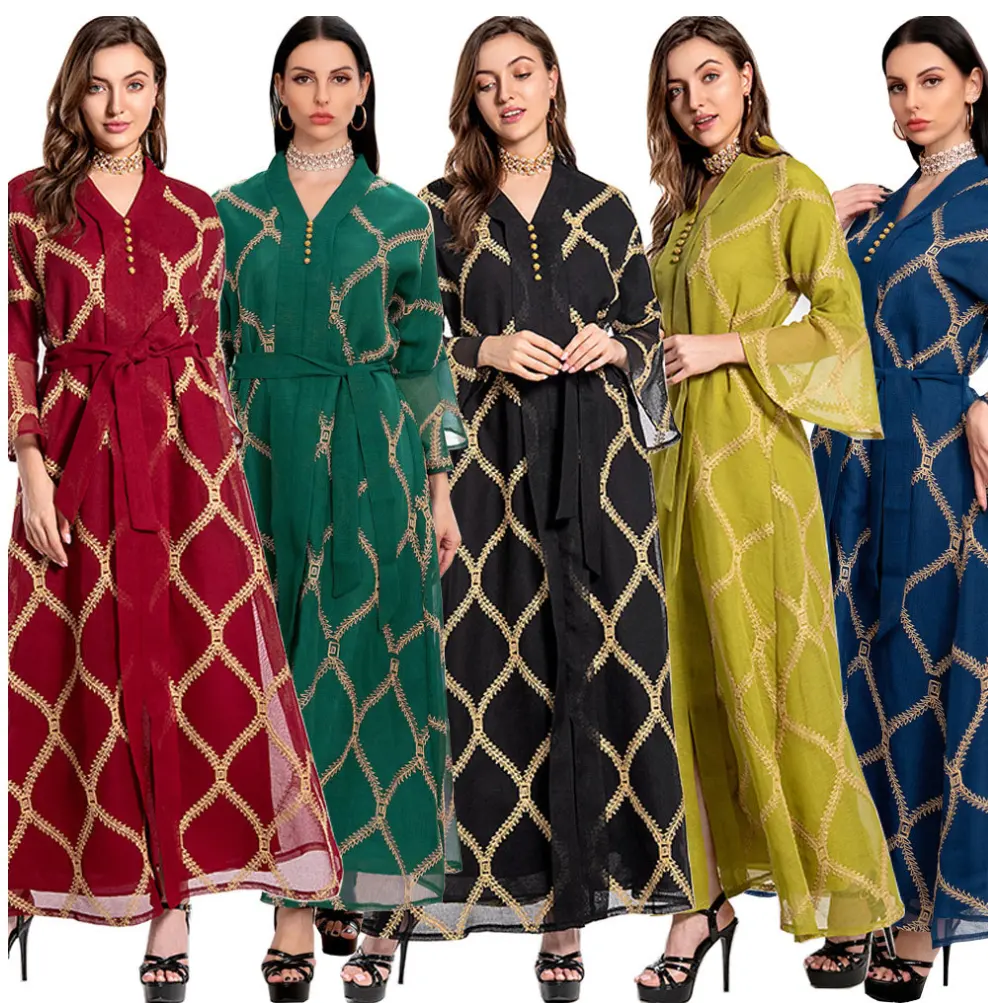 Plus Size Midden-oosten Vrouwen Borduren Moslim Jurken Knoopsluiting Lange Mouwen Casual Jurk Abaya Islamitische Kleding Voor Vrouwen