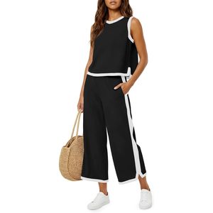 Ensemble de survêtement 2 pièces pour femme, été, sans manches, pantalon capri à jambes larges, couleurs contrastées, décontracté, respirant - Product Image 1