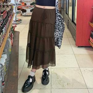 Falda midi de verano con cintura elástica marrón, corte en A, patchwork de malla, detalle de lazo, estilo casual europeo americano para chica moderna. - Product Image 3
