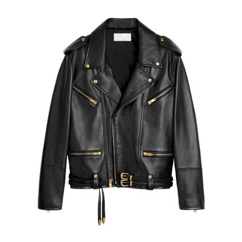 3227 Latest Design Leather Coat Double Belt Biker Motorcycles Real Leather Sheepskin Jacket Women