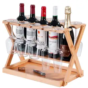 Free Standing Wine Glass Rack Display Bamboo Wine Bottle Organizer with Glass Holder Shelf with Cork Tray for Tabletop