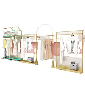 Shop Wall Rack For Luxury Clothing Boutique Wholesale Female Clothing Store Display Rack Display Table Cashier Counter One Set