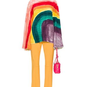 Avec arc-en-ciel imprimé décontracté lâche coton t-shirt goutte épaule évasée ourlet pull surdimensionné chemise pour les femmes - Product Image 4