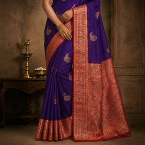Exclusive Traditional Purple Silk Saree with <b>Blouse</b> Piece Peacock Embroidery <b>Red</b> Border for Wedding & Party Wear - Product Image 1