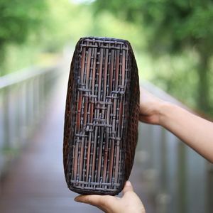 Bamboo Woven Handbag Square Shape Two Handles Durable Women's Cosmetic Bag Retro Chinese Style Zen Inspired - Product Image 3