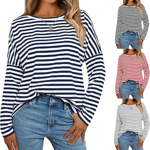 Camiseta de Mujer, Primavera 2026, Nueva Colección, Manga Larga, Cuello Redondo, Holgada, a Rayas, Transpirable, de Poliéster Tejido, Estilo Casual - Product Image 1