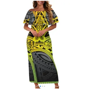 New Wholesale Custom Polynesian Tonga Tribal Printed Maxi Dresses Ladies Off Shoulder Samoan Dresses Big Size Hawaiian Clothing