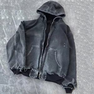 Sweat-shirt surdimensionné vintage de qualité personnalisée, délavé à l'acide, avec cordon de serrage, broderie, veste en jean délavée au soleil - Product Image 6