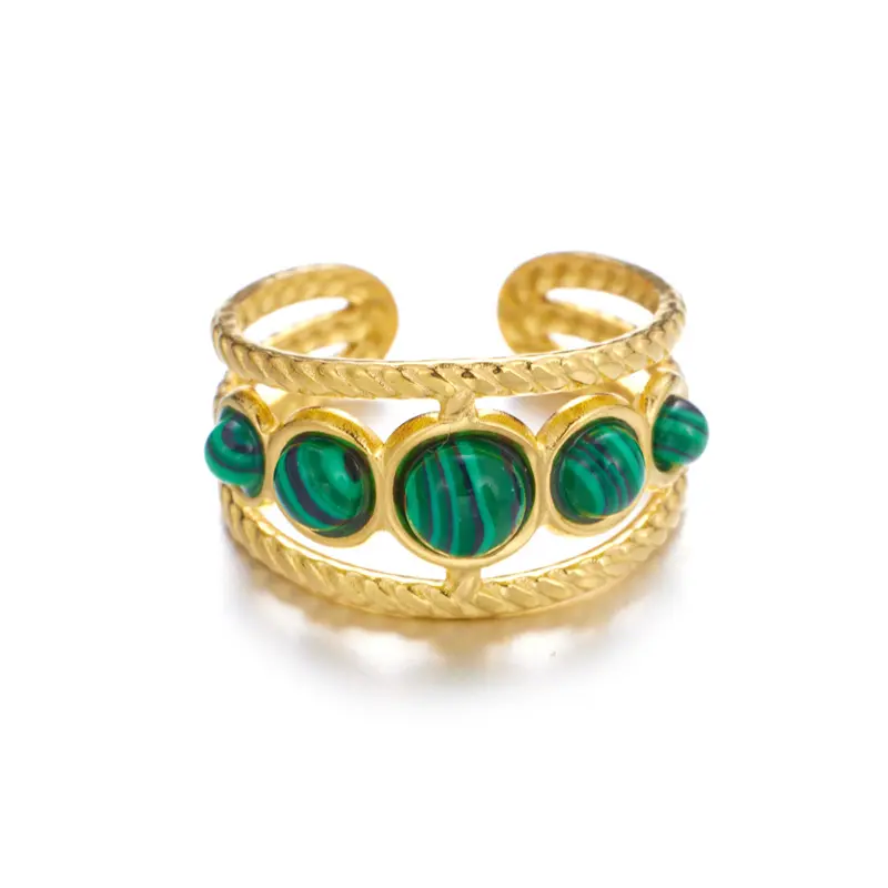 Pierre œil de tigre naturelle vintage 18 carats plaqué or anneaux en acier inoxydable mode bague de bijoux en malachite creuse