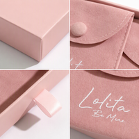 Boîte à bijoux en papier rose personnalisée de luxe avec logo et pochette en microfibre, ensemble d'emballage de bijoux personnalisé
