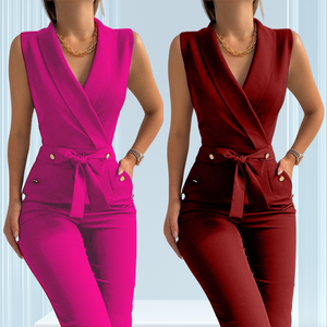 SJ7764 Design estivo eleganza da ufficio donna senza maniche scollo a v di alta qualità tute di un pezzo pantaloni neri Slim Fit - Product Image 2