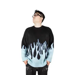 Tiny Spark Blue Flame Loose Knit Round Neck Cotton Knitwear Pullover Knitted Multi Jumper Oversized Men And Women Sweater