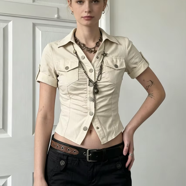 Women's Y2K Large Anti-Pilling Anti-Wrinkle Solid Digital Printed Short Sleeve Button Utility Shirt Slim Fit Turn-down Collar