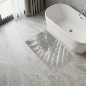 Tapis de bain et tapis de douche Sonya Ecru Beige Argent 60*100cm en coton recyclé, teint en fil, jacquard à motif floral, production sur mesure - Product Image 1