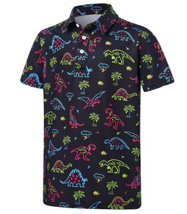 Polo à manches courtes pour homme, imprimé dinosaure de dessin animé, décontracté, respirant, en polyester tissé, noir avec couleurs néon - Product Image 1