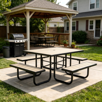 Table de pique-nique compacte 4 places en lattes de bois, structure carrée en acier galvanisé, idéale pour jardin privé et terrasse