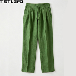 Oem Odm Pleated Tailored <b>Trousers</b> Men Green <b>Linen</b> Relaxed <b>Wide</b> <b>Leg</b> Double Pleat Casual Summer Streetwear Y2K Wholesale Bulk - Product Image 5