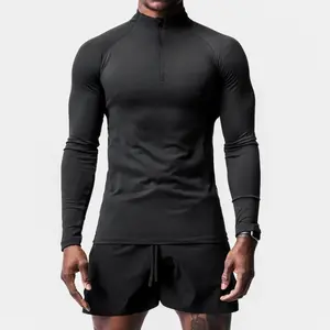 Personalizar los hombres de cuarto de cremallera de secado rápido de poliéster Spandex en blanco de manga larga Slim Active Muscle Compression Fitness Sports T Shirts