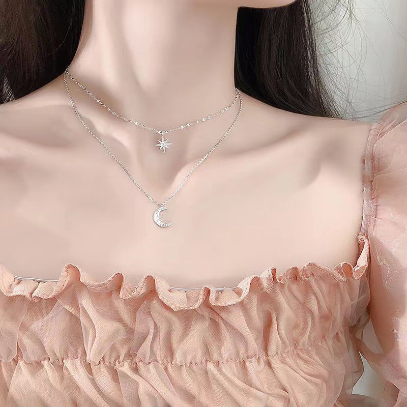 Collar De Luna Estrellada De Doble Capa Collar De Zircon