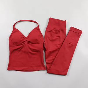 Costume de yoga beau dos licou solide hanche ascenseur ensembles de sport séchage rapide haut sans manches Scrunch bout à bout Leggings costumes de course - Product Image 6