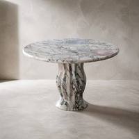 Table à manger ronde de luxe en marbre blanc éléphant naturel, base sculpturale cannelée, style moderne, pour hôtel, 4 places, sur mesure