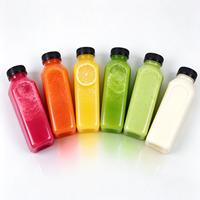 Bouteilles de jus en plastique PET carrées transparentes avec bouchons noirs anti-effraction de 38 mm, bouteilles de jus en plastique de 12 oz avec bouchons