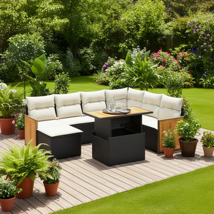 Ensemble de canapés de jardin en rotin noir crème 6 places, mobilier d'extérieur résistant aux intempéries, design contemporain, style bois de teck - Product Image 2