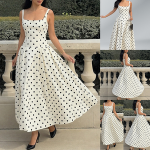 Nuovi Arrivi Estivi: Abito Vintage da Donna Stile Francese <span class=keywords><strong>a</strong></span> <span class=keywords><strong>Pois</strong></span> con Colletto Quadrato, Vita Alta, Pieghe e Cerniere, Elegante e Modesto - Product Image 2