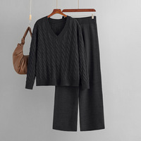 Ensemble Personnalisé de Pull et Pantalon pour Femme 2 Pièces, en Maille Torsadée avec Col en V, Coupe Ample et Motif Rayé, Manches Longues