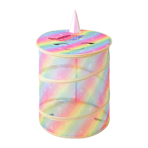 Kids Toy Storage <b>Basket</b> Round <b>Foldable</b> Mesh Organizer For Home Use With Rainbow Unicorn Design - Product Image 5