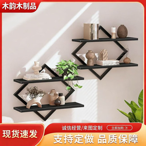 Iron And Solid Wood <b>Wall</b> <b>Mounted</b> <b>Shelf</b> Diamond Shape 2 Tier Storage Rack For Living Room Bedroom Decorative Display - Product Image 5