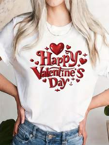 Maglietta da Donna per San Valentino con Cuore Rosso Stampato, Collo Tondo, Manica Corta, Casual, Primavera-Estate, 100% Cotone, Lavabile in Lavatrice - Product Image 3