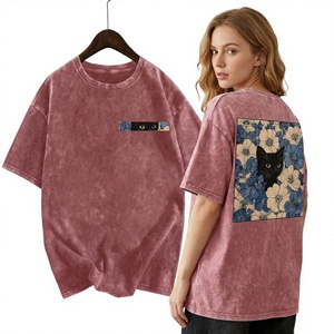 Camiseta de Mujer con Estampado Floral de Gato Negro Lavado, Cuello Redondo, Manga Corta, Hombros Caídos, Holgada, Informal, Top de Verano, 100% Algodón, Todas las Temporadas - Product Image 1