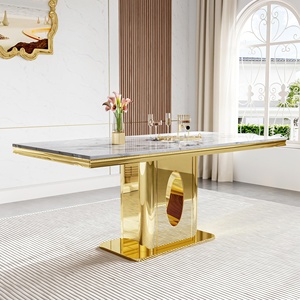 Hiện đại 70 ''hình chữ nhật màu trắng đá bàn ăn với Vàng nhân đôi kết thúc thân thiện với môi thiết kế Ergonomic cơ sở thép không gỉ - Product Image 1