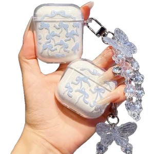 Ruban bleu arc AirPods étui mignon TPU couverture souple avec lanière pour AirPods 3/4/Pro antichoc femmes mode cadeau - Product Image 5