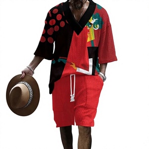 Men's Flame Printed V-Neck Knitted Casual Shirt and <b>Shorts</b> Summer Style 100% <b>Polyester</b> Digital Printing - Product Image 3