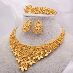 Dubai Gold Jewellery Sets African Bridal Necklace Earring Ring Bracelet Saudi Arabia Women Wedding Jewelry Set