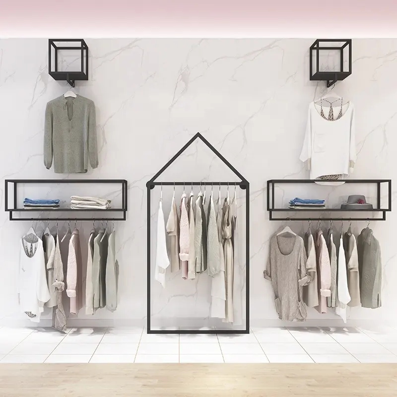 Retail Clothing Store Fixtures Metal Hanging Cloth Display Stand Boutique Clothing Shelves Wall Mounted Garment Display Rack