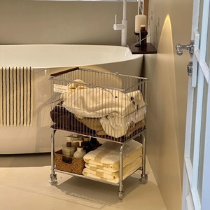Vintage Style Laundry <b>Basket</b> Trolley Silver Four-Wheel Portable Storage Rack Bathroom Use - Product Image 1