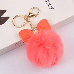 Cute Bow Pompom Keychain High Quality Rhinestone Faux Pompoms Bag Pendant Car Key Ring Custom Logo Keychain