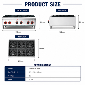 Commercial 6 Burner Tabletop Gas Stove 14KW Industrial Stainless Steel Cooking Range with Cast Iron Grates for Restaurant - Product Image 3