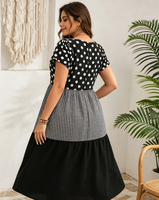 Robe décontractée à volants pour femmes, grande taille, imprimé pois noir et blanc, patchwork gingham, manches courtes à volants, robe d'été